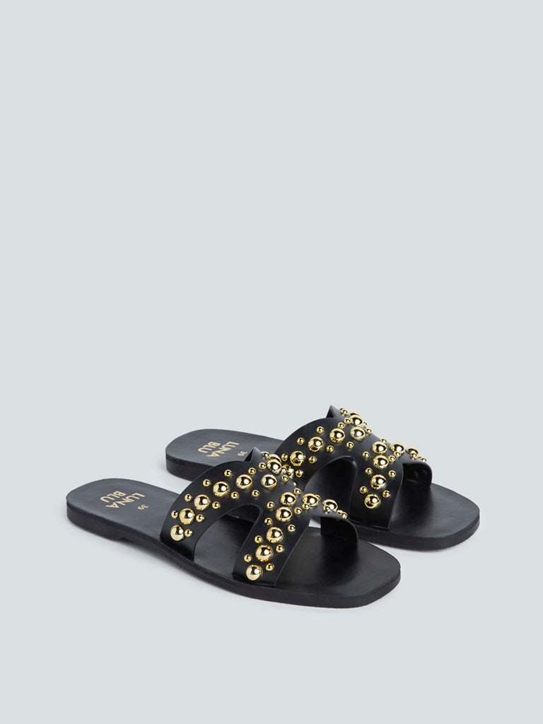 LUNA BLU Black Cross-Patterned Slides